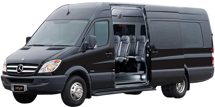 Sleek black Mercedes Sprinter with a high roof, luxury leather seating, sliding side door, and spacious interior for premium group transport.