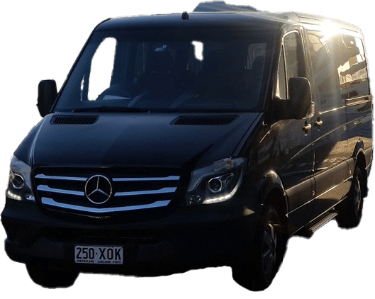 Black Mercedes-Benz Sprinter van with a sleek design, luxury interior, and spacious seating for premium group transport.